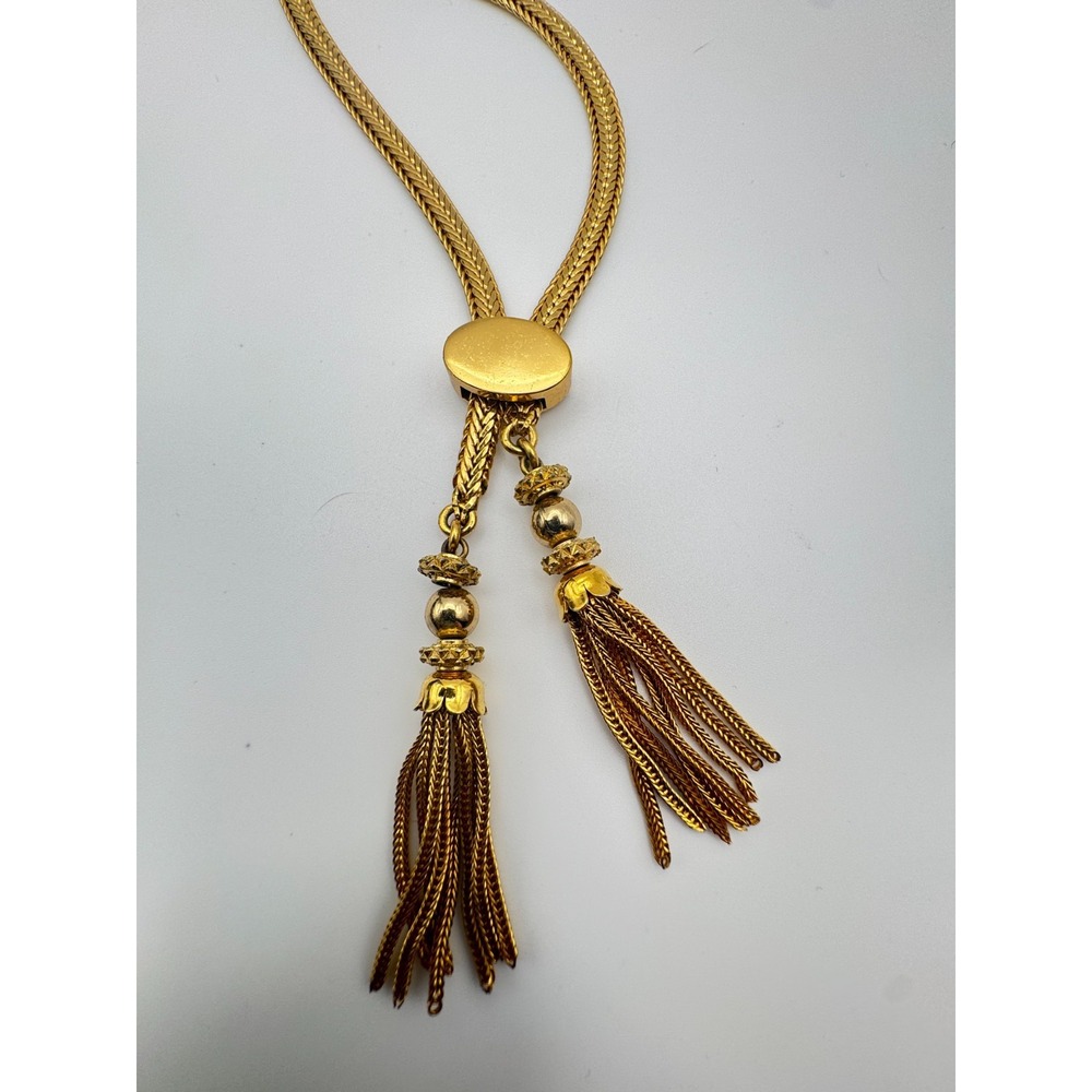 Vintage Monet Necklace Bolo Lariat Tassel Fringe Gold Tone Adjustable Slide